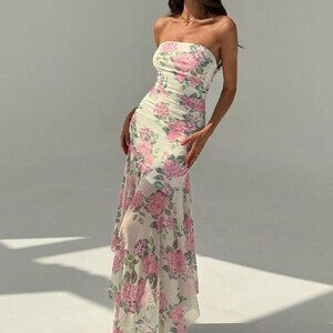Multicolor Boho Womens Romantic Strapless Floral Mesh Asymmetrical Bodycon Dress
